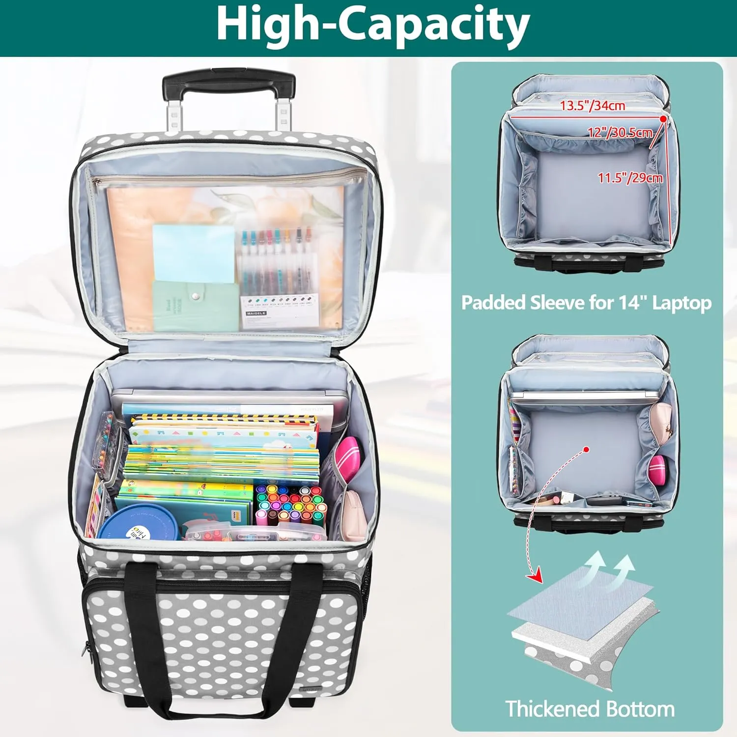 LUXJA Rolling Teacher Tote Bag with Bottom Support Pad, Multifunctional Teacher Bag with Detachable Dolly (Patented Design), Polka Dots