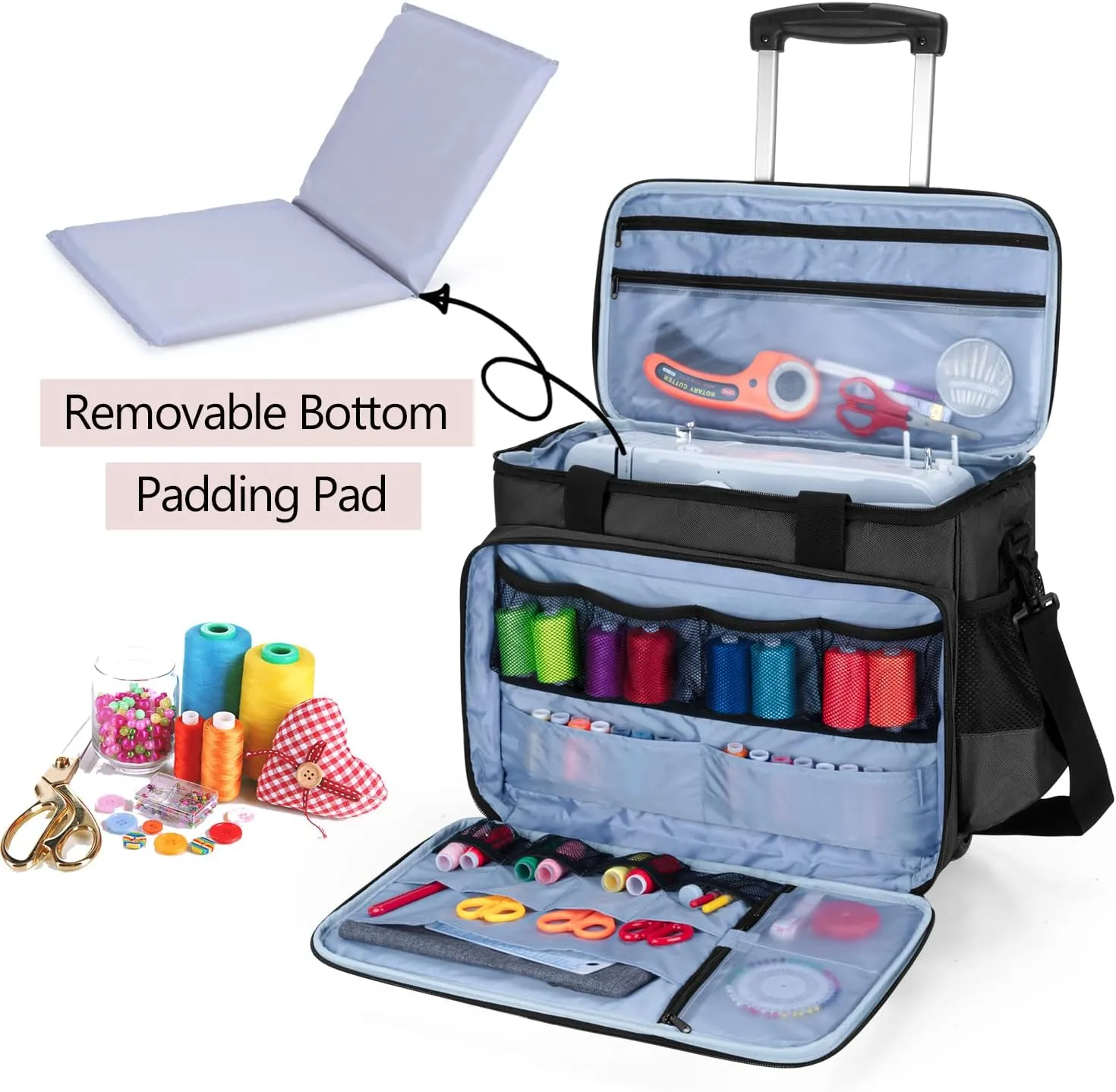 LUXJA Sewing Machine Case with Detachable Dolly and Removable Bottom Pad, Rolling Tote Fits Most Standard Machines, Black