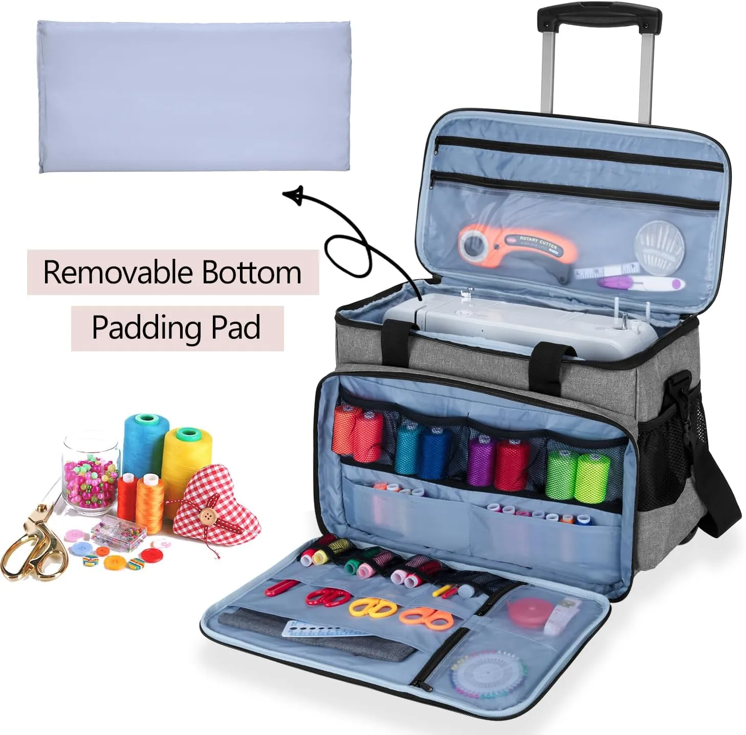 LUXJA Sewing Machine Case with Detachable Dolly and Removable Bottom Pad, Rolling Tote Fits Most Standard Machines, Gray