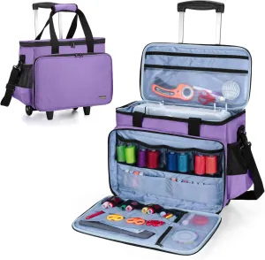 LUXJA Sewing Machine Case with Detachable Dolly and Removable Bottom Pad, Rolling Tote Fits Most Standard Machines, Purple