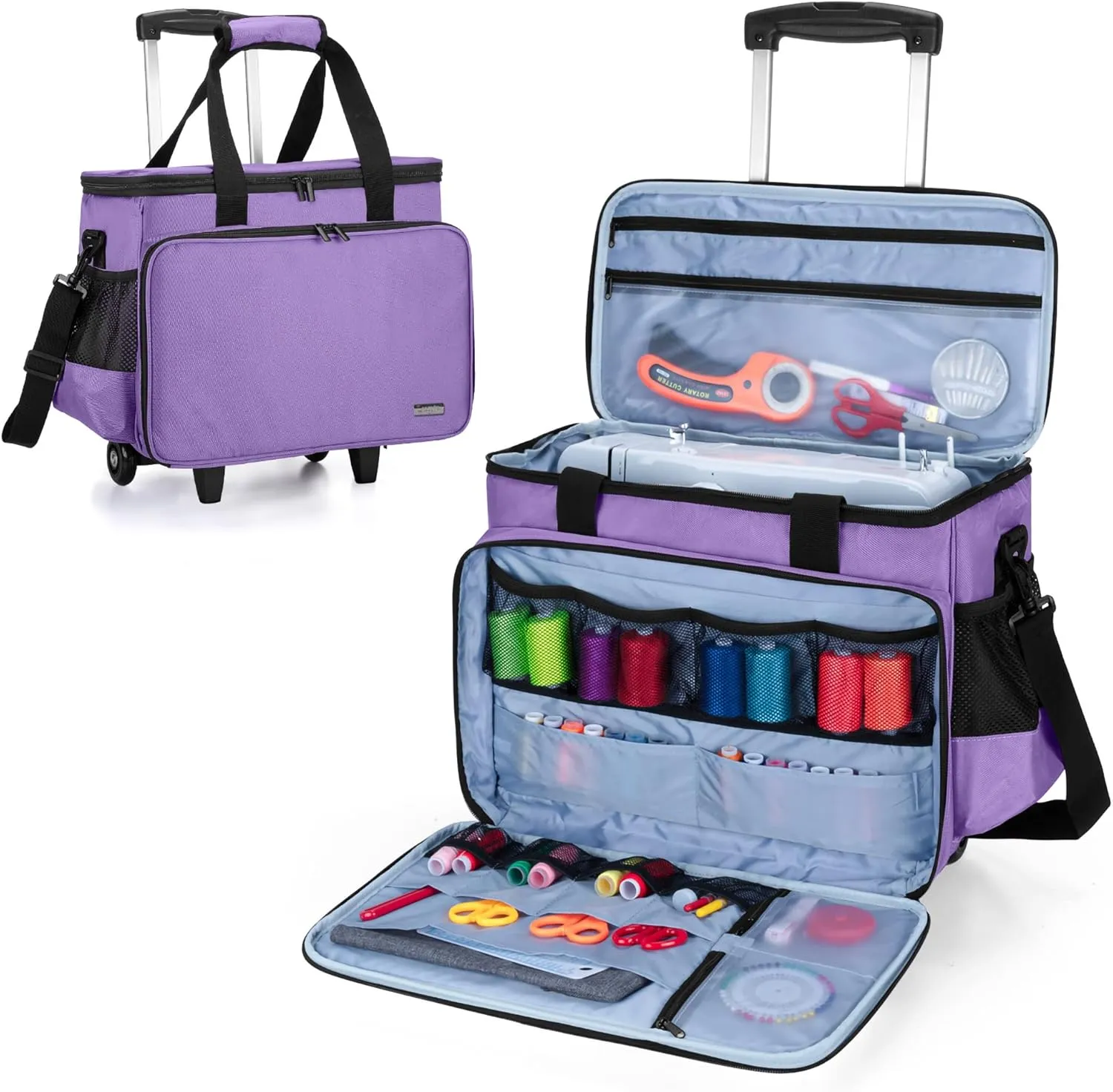 LUXJA Sewing Machine Case with Detachable Dolly and Removable Bottom Pad, Rolling Tote Fits Most Standard Machines, Purple