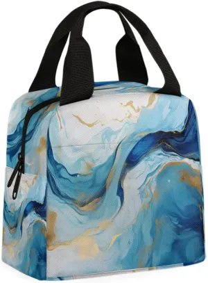 Luxury Blue Insulated Lunch Box for Women Men,Cooler Lunch Bag Lunch Tote Bag,Dynamic Fluid Design Portable Thermal Lunch Bags for Outdoor Picnic