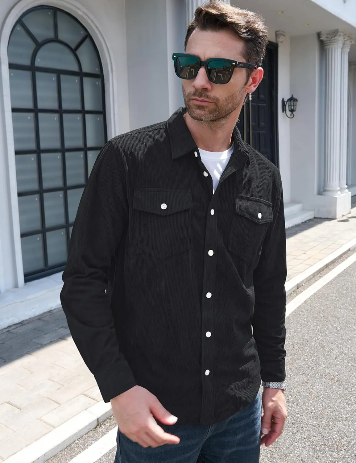 MAGCOMSEN Men's Corduroy Shirt Jacket Long Sleeve Lightweight Jacket Button-Up Casual Shacket with Flap Pockets