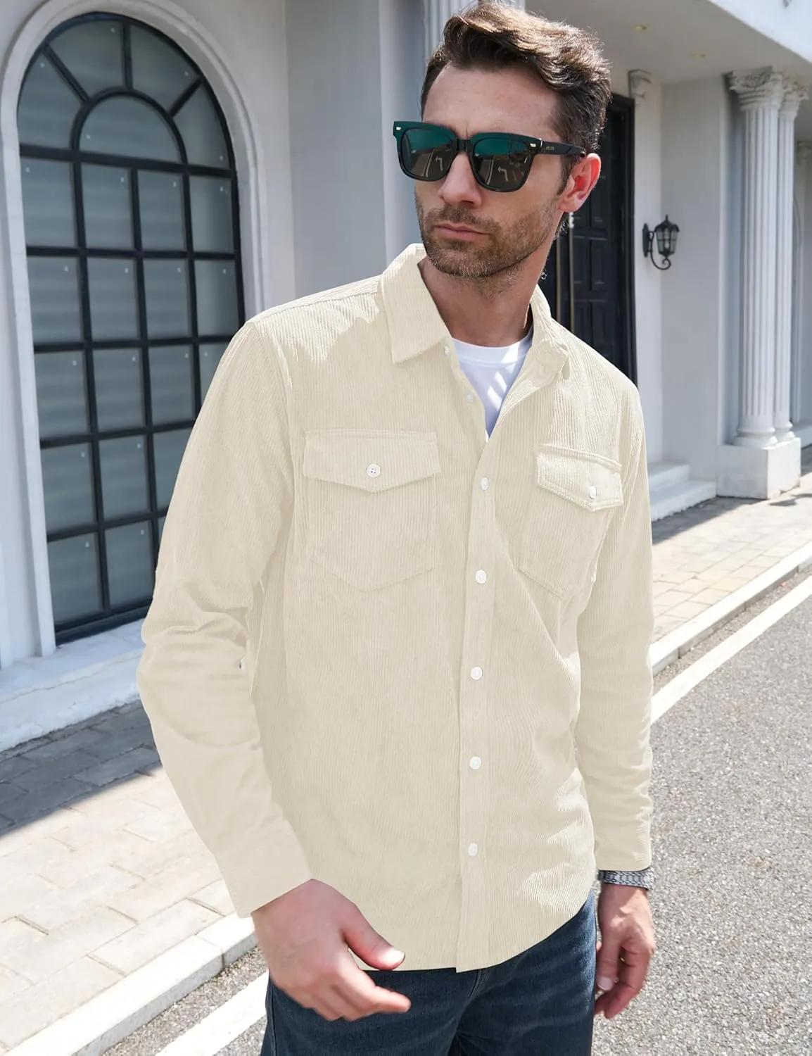 MAGCOMSEN Men's Corduroy Shirt Jacket Long Sleeve Lightweight Jacket Button-Up Casual Shacket with Flap Pockets