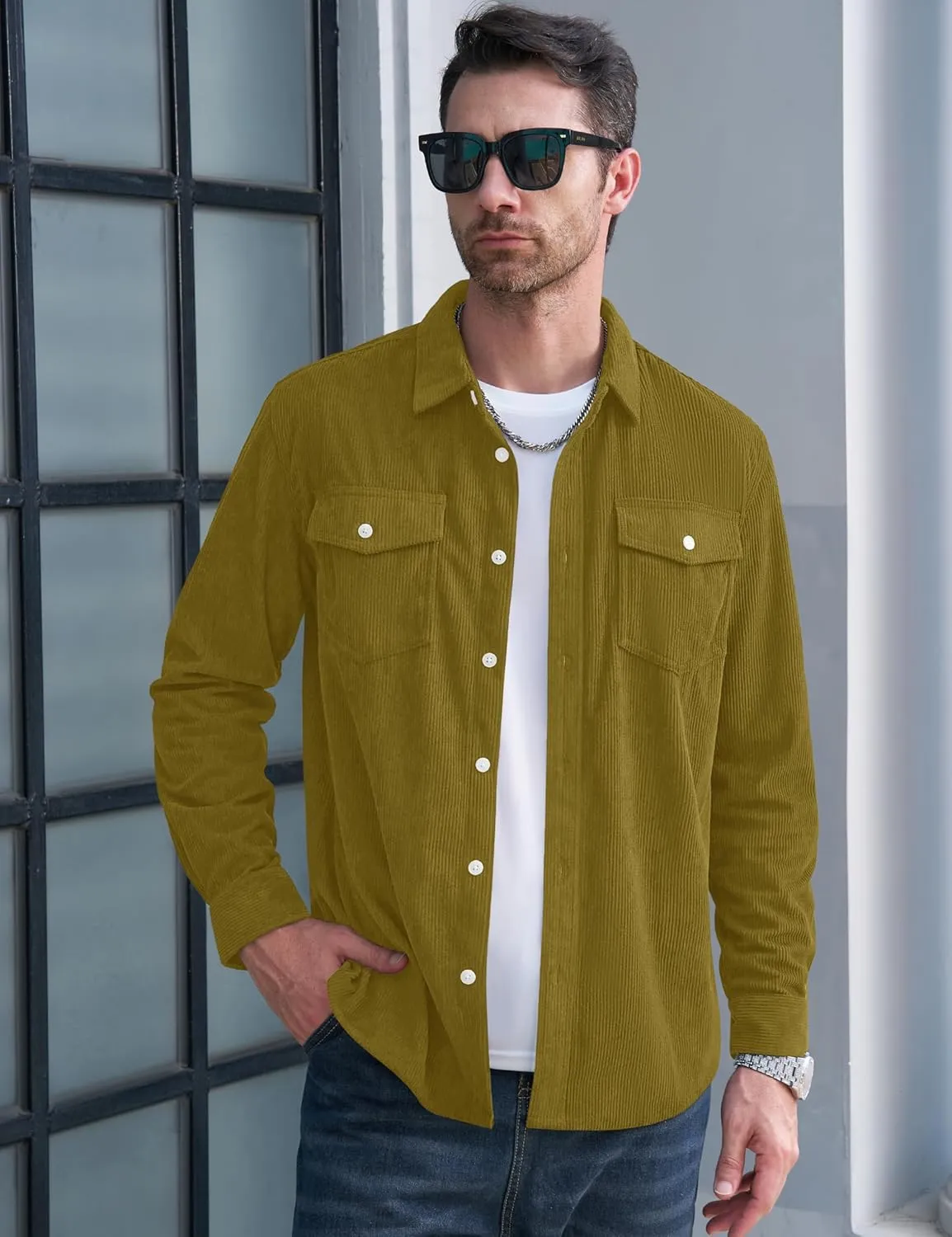 MAGCOMSEN Men's Corduroy Shirt Jacket Long Sleeve Lightweight Jacket Button-Up Casual Shacket with Flap Pockets