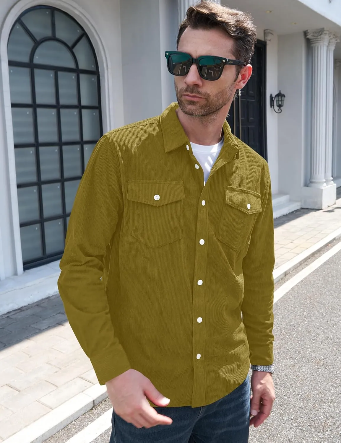 MAGCOMSEN Men's Corduroy Shirt Jacket Long Sleeve Lightweight Jacket Button-Up Casual Shacket with Flap Pockets