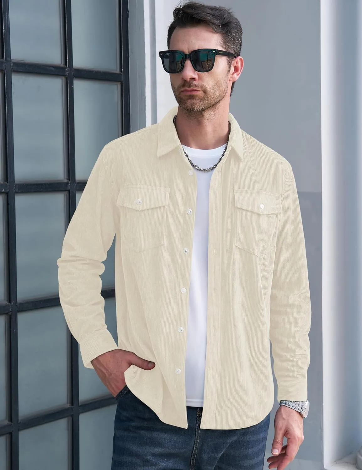 MAGCOMSEN Men's Corduroy Shirt Jacket Long Sleeve Lightweight Jacket Button-Up Casual Shacket with Flap Pockets