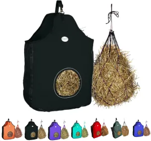 Majestic Ally 1200 D Hay Feeder Tote Bag for Horses, Sheep with Reflective Trim- Reduces Waste - Comes with 36” Hay Net. (Black)