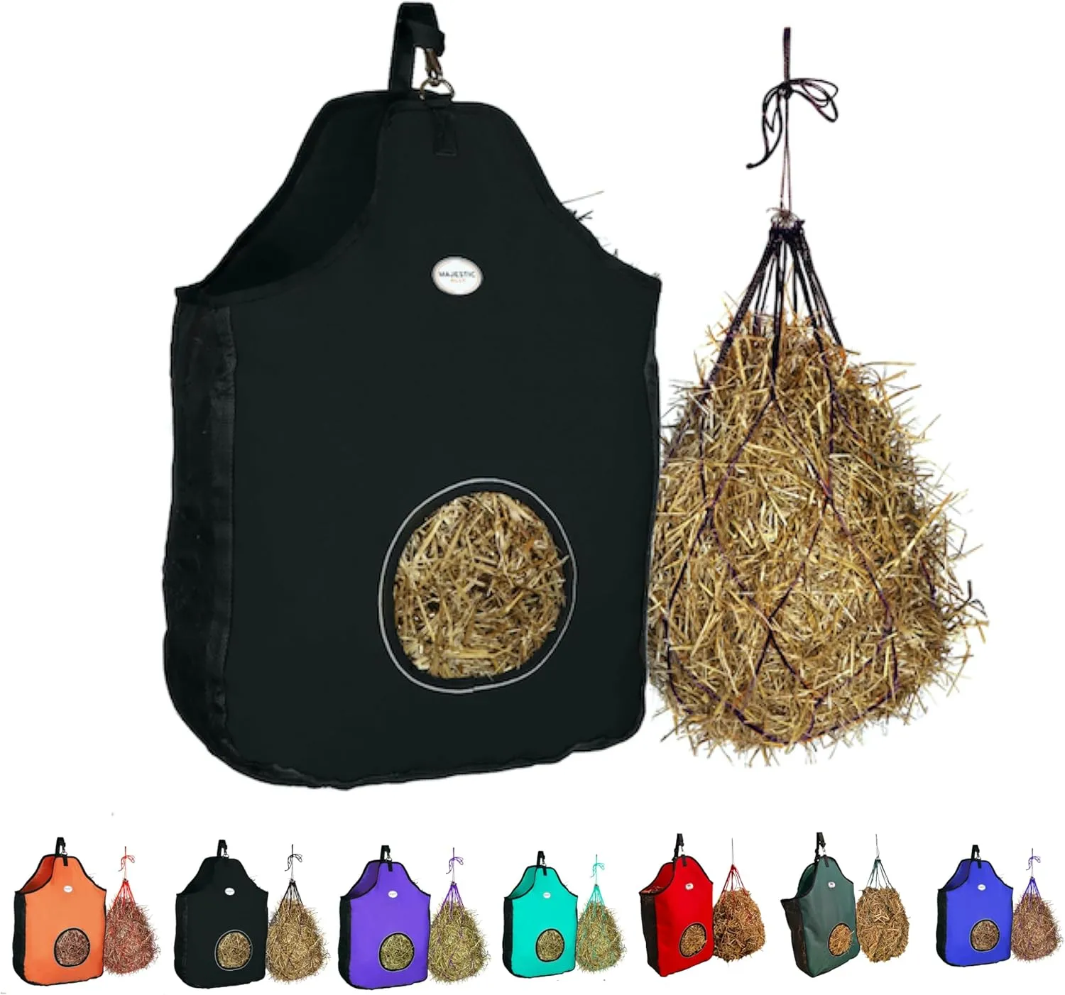 Majestic Ally 1200 D Hay Feeder Tote Bag for Horses, Sheep with Reflective Trim- Reduces Waste - Comes with 36” Hay Net. (Black)