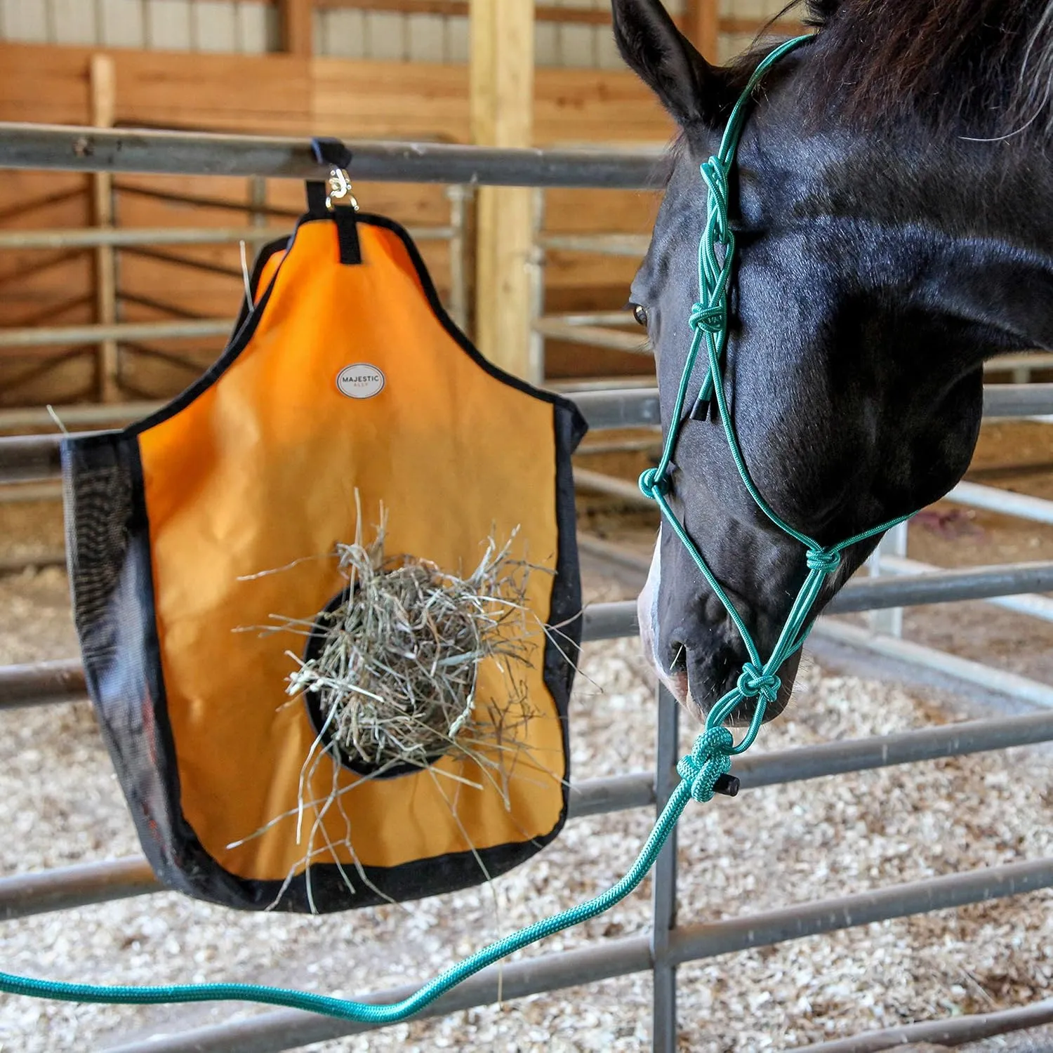 Majestic Ally 1200 D Hay Feeder Tote Bag for Horses, Sheep with Reflective Trim- Reduces Waste - Comes with 36” Hay Net. (Royal Blue)