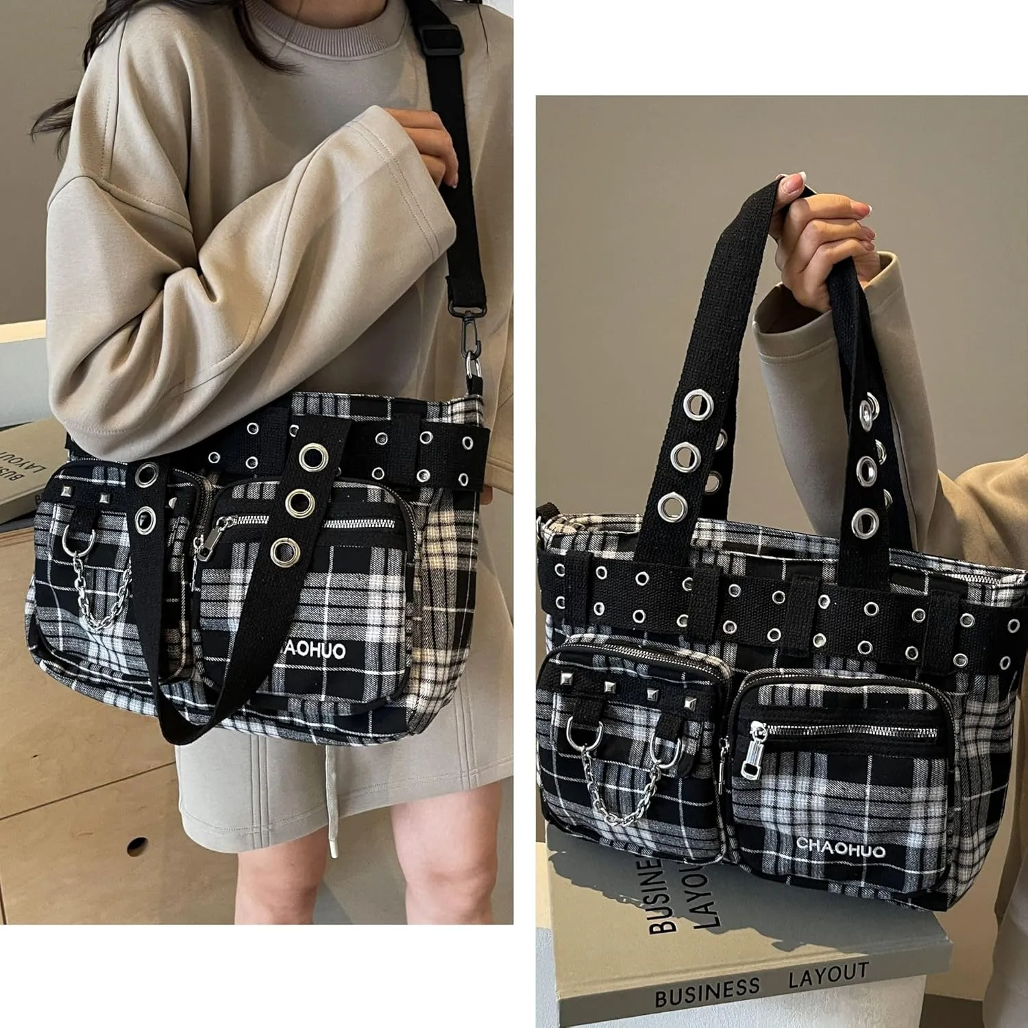 Makukke Y2K Tote Bag for Women Canvas Shoulder Bag Large Gothic Bag Skull Handbag for Work Office Travel