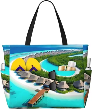 Maldives Scenery Print 28L Beach Tote Bag, Water-resistant Travel Tote, Lightweight Gym & Camping Carryall