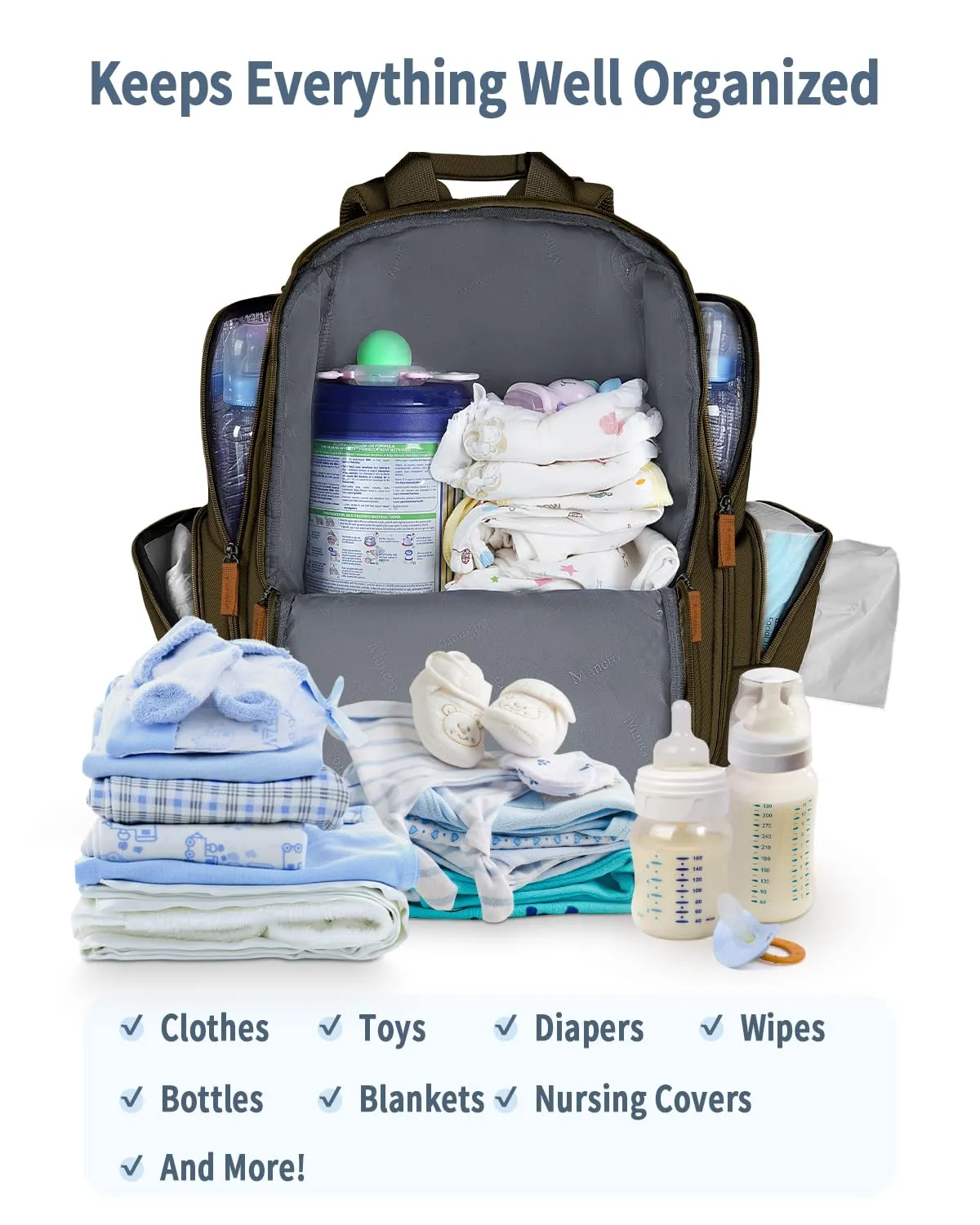 Mancro Diaper Bag Backpack, Large Multifunction Baby Backpack for Travel with Stroller Strap and 2 Insulated Pockets, Diaper Baby Bag for Mom, Dark Green