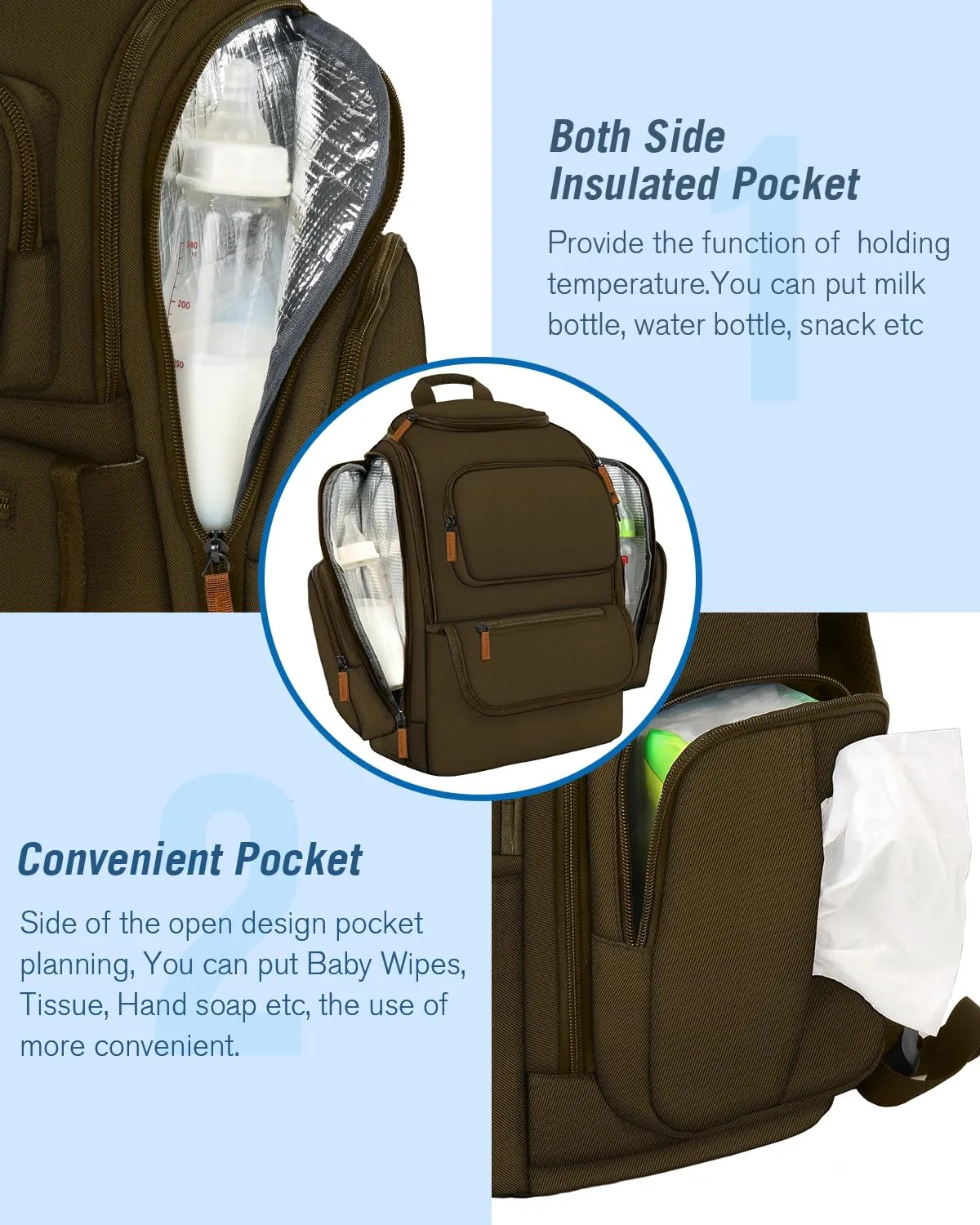 Mancro Diaper Bag Backpack, Large Multifunction Baby Backpack for Travel with Stroller Strap and 2 Insulated Pockets, Diaper Baby Bag for Mom, Dark Green