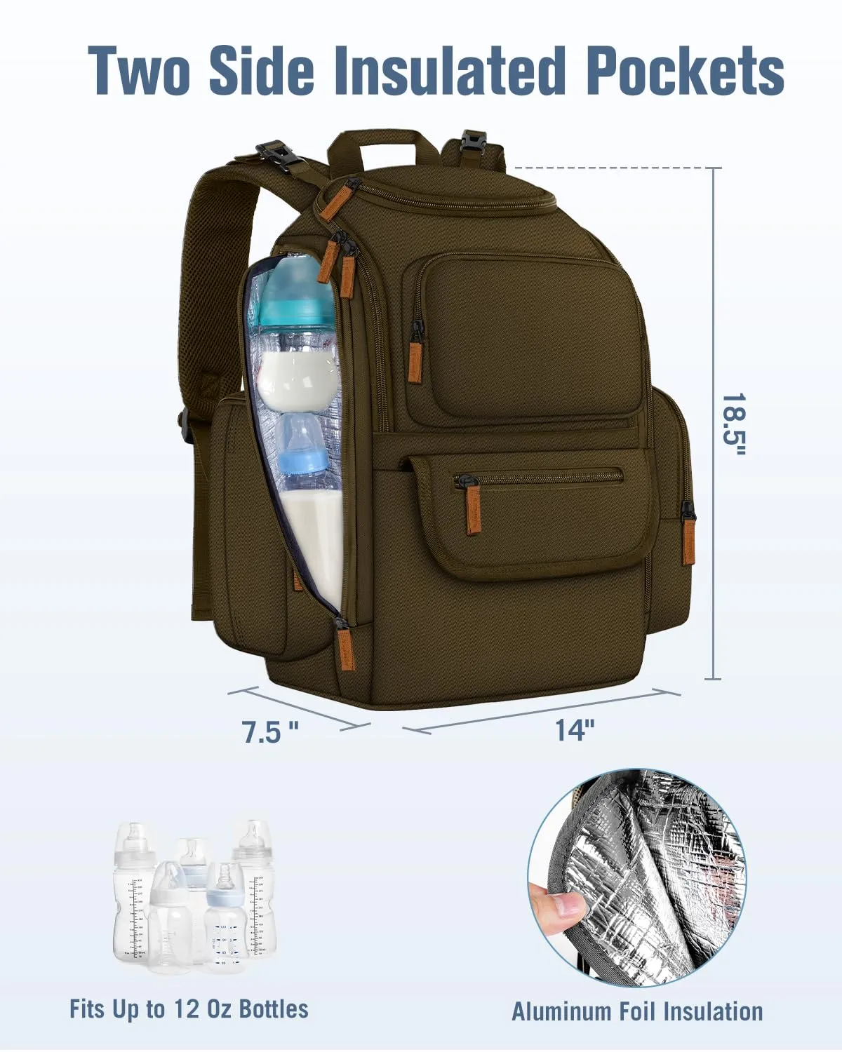Mancro Diaper Bag Backpack, Large Multifunction Baby Backpack for Travel with Stroller Strap and 2 Insulated Pockets, Diaper Baby Bag for Mom, Dark Green