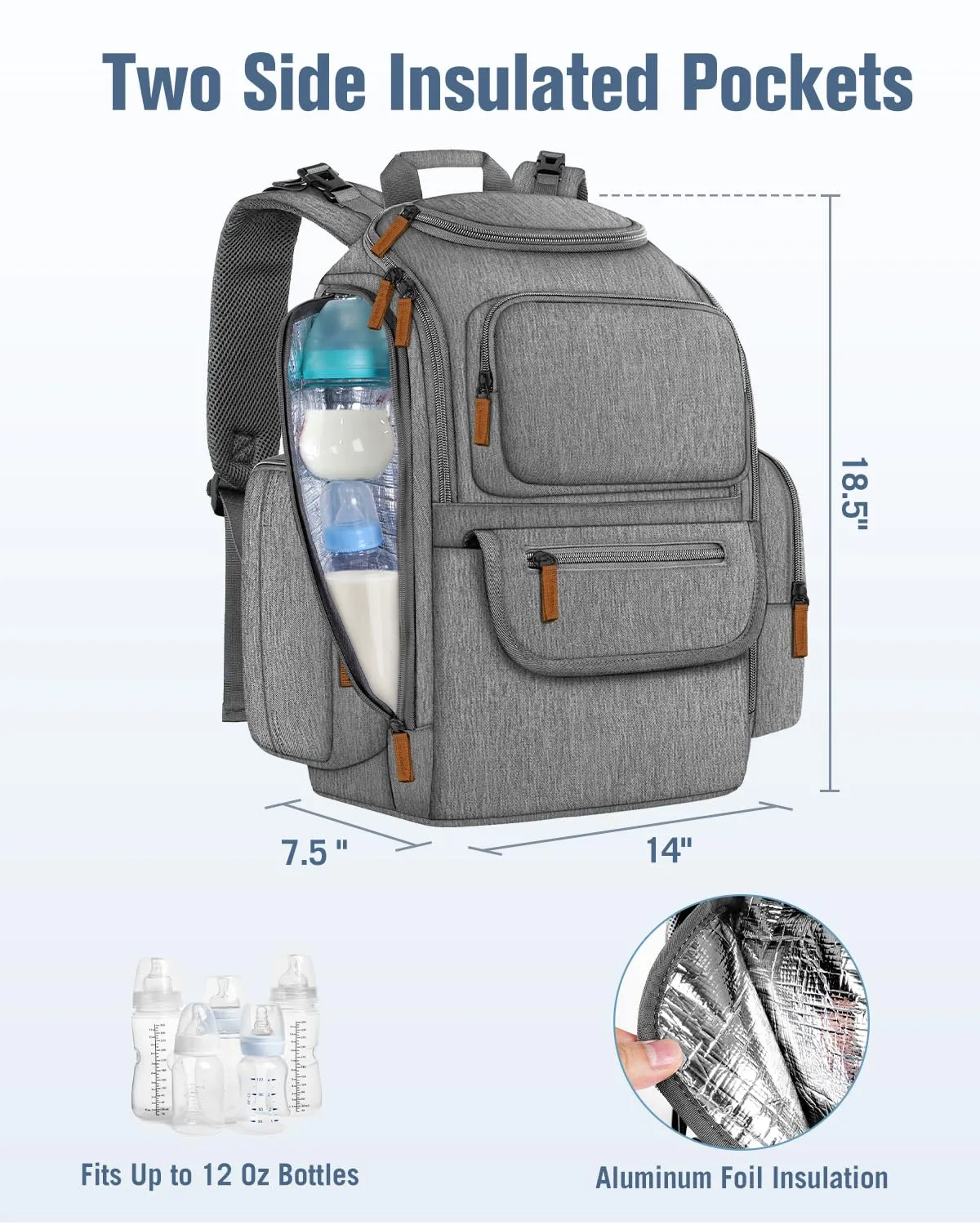 Mancro Diaper Bag Backpack, Multifunctional Baby Diaper Bag Backpack For Men Women with Stroller Straps, Travel Water Resistant Baby Diaper Backpack with 2 Side Insulated Pockets, White Grey