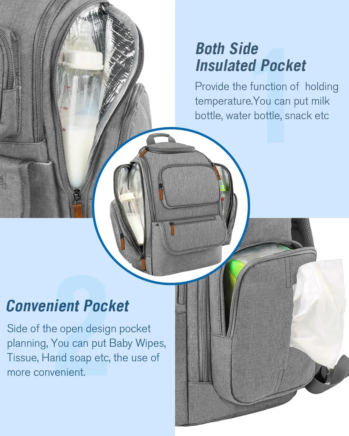 Mancro Diaper Bag Backpack, Multifunctional Baby Diaper Bag Backpack For Men Women with Stroller Straps, Travel Water Resistant Baby Diaper Backpack with 2 Side Insulated Pockets, White Grey