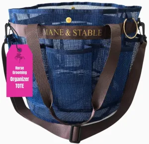 MANE & STABLE Horse Grooming Bag - Large Mesh Horse Brush Bag Organizer Tote with 8 Pockets For Horse Supplies. Royal Blue/Chocolate Brown