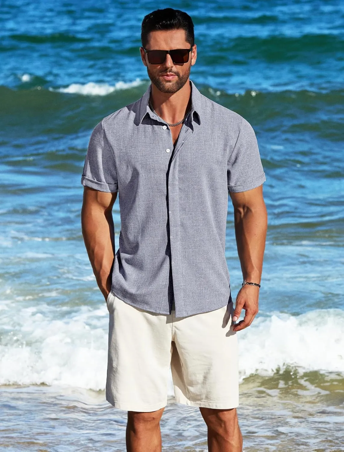 MAPICK Men's Linen Shirts Short Sleeve Button Down Casual Shirt Business Dress Clothing Beach Fashion Summer Tops