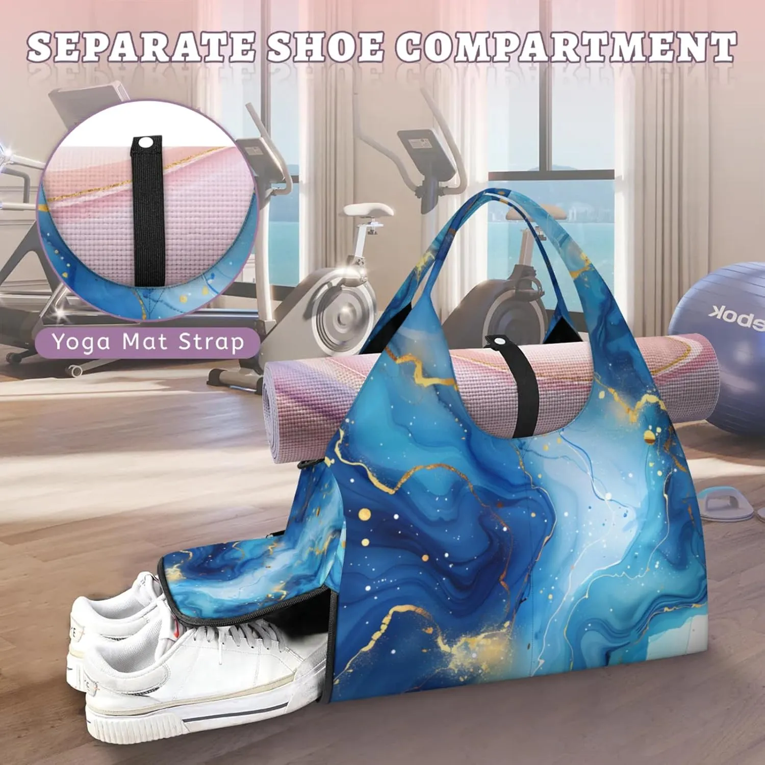 Marble Sticks Gym Bag Yoga Mat Tote for Women with Shoes Compartment Lightweight Duffle Travel Carrier Wet Dry Storage Pockets Adjustable Pilates Mats Shoulder Bags for Sport Swim