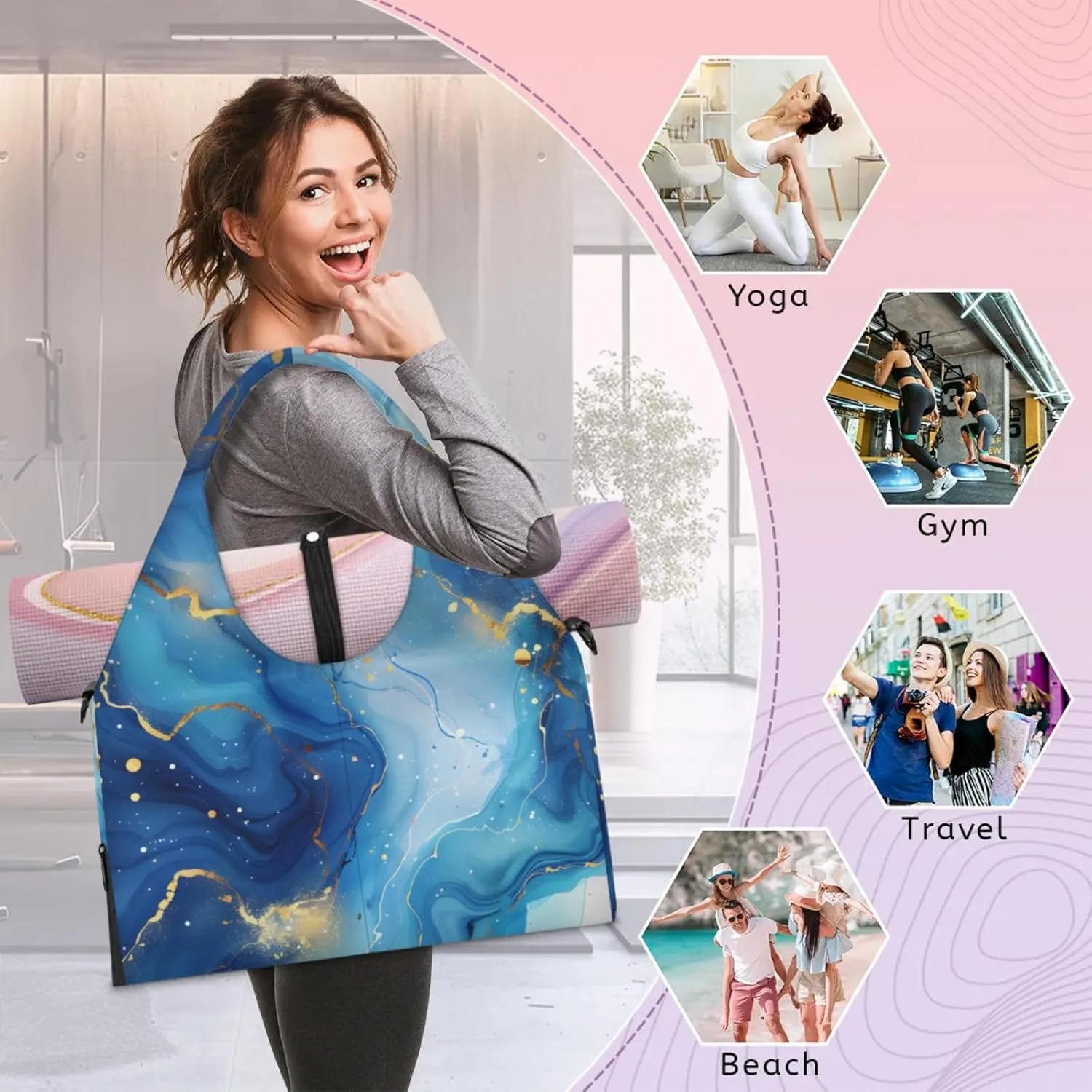 Marble Sticks Gym Bag Yoga Mat Tote for Women with Shoes Compartment Lightweight Duffle Travel Carrier Wet Dry Storage Pockets Adjustable Pilates Mats Shoulder Bags for Sport Swim