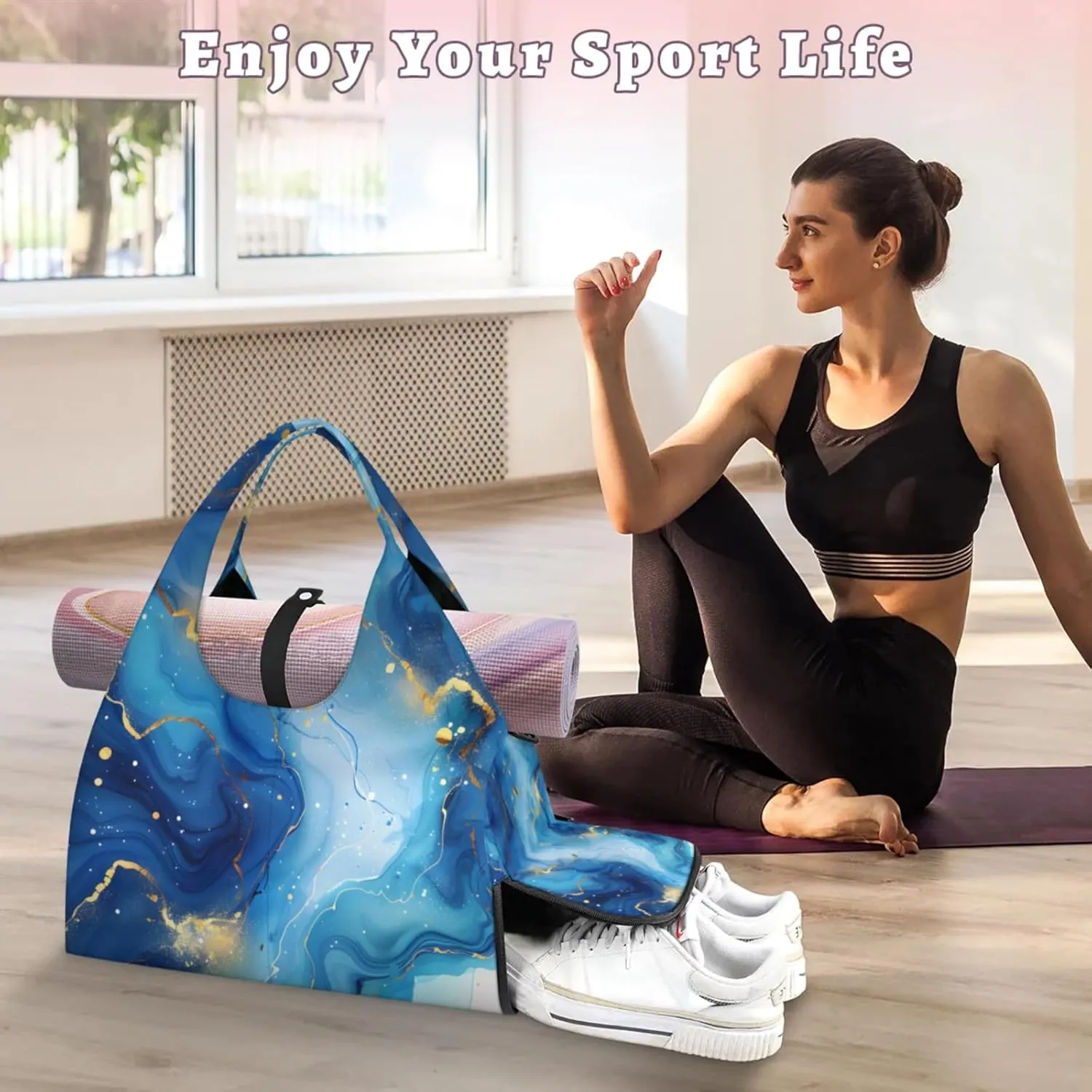 Marble Sticks Gym Bag Yoga Mat Tote for Women with Shoes Compartment Lightweight Duffle Travel Carrier Wet Dry Storage Pockets Adjustable Pilates Mats Shoulder Bags for Sport Swim