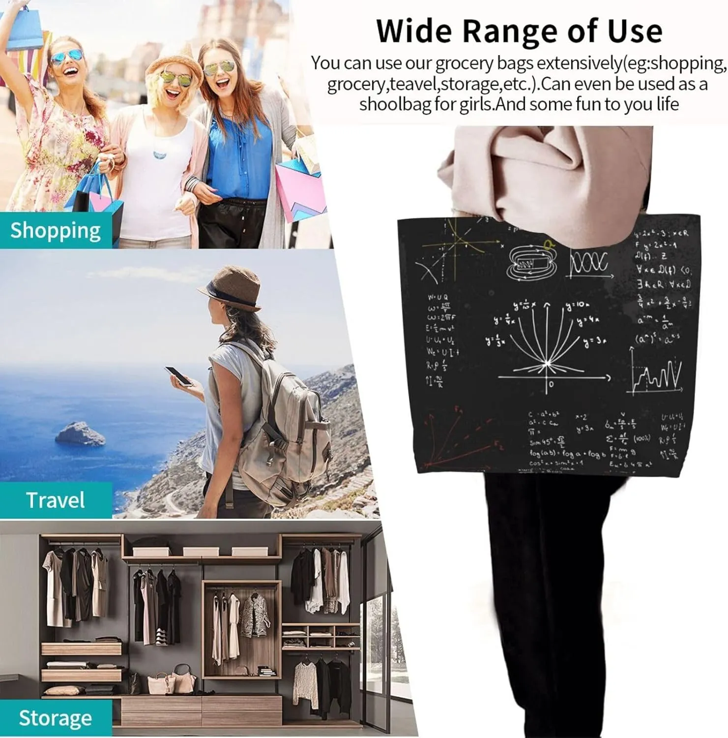 Math Canvas Tote Bag Mathematics Shoulder Bag Handbag Funny Casual Teachers Grocery Bags for Outdoor