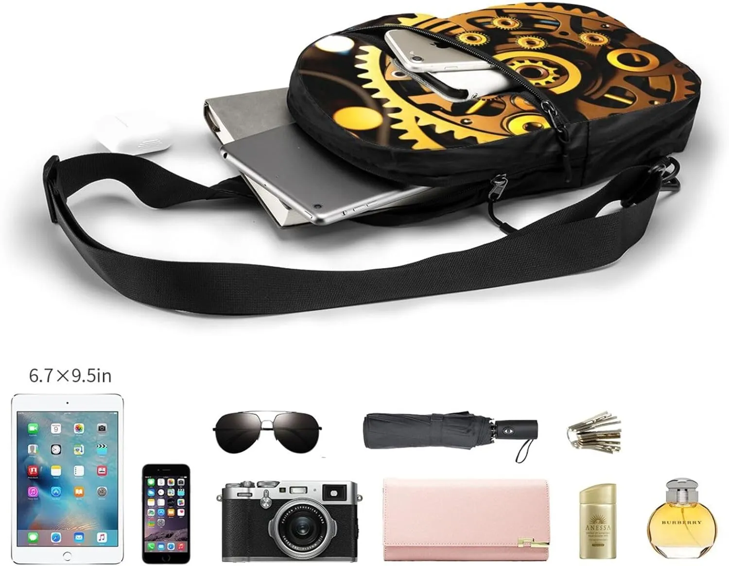 Mechanical Gold Disc Sling Bag For Women And Men Fashion Folding Chest Bag Adjustable Crossbody Travel Shoulder Bag