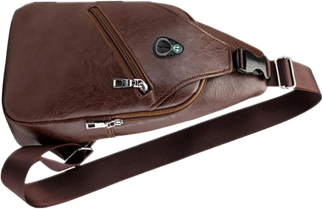 Men Dark Brown PU Leather Crossbody Sling Bag with Zipper Lightweight Chest Bag for Headphone for Travel Sports and Daily Wear