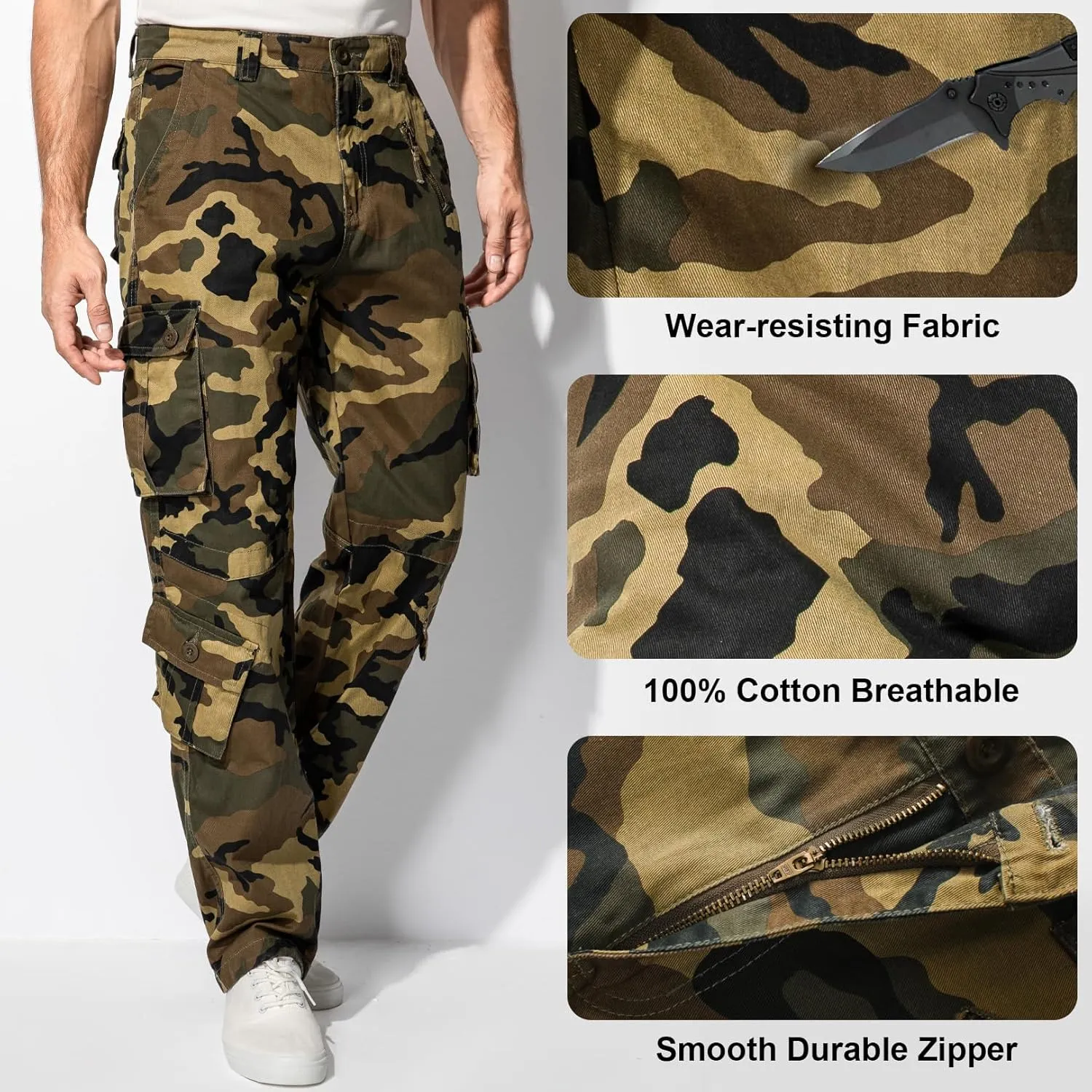 Men's BDU Casual Military Pants, Tactical Wild Army Combat ACU Rip Stop Camo Cargo Work Pants Trousers with 8 Pockets
