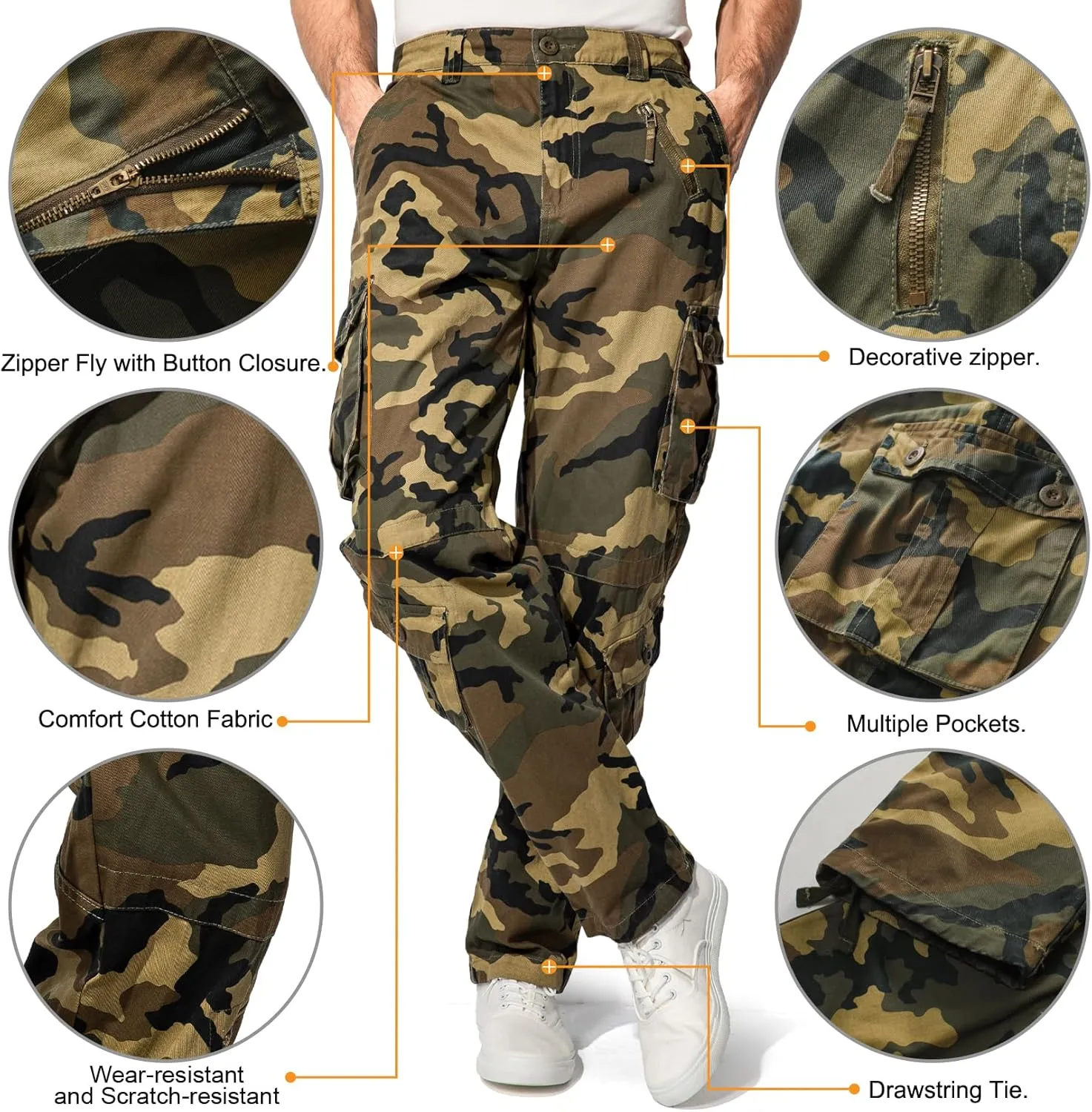 Men's BDU Casual Military Pants, Tactical Wild Army Combat ACU Rip Stop Camo Cargo Work Pants Trousers with 8 Pockets