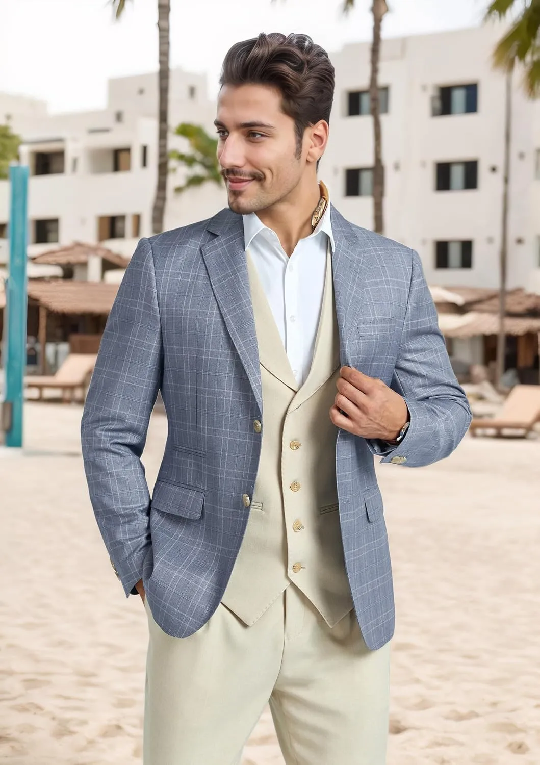 Mens Blazer Slim Fit Stripes Plaid Casual Suit Jacket for Men Two Buttons Business Lapel Sport Coats