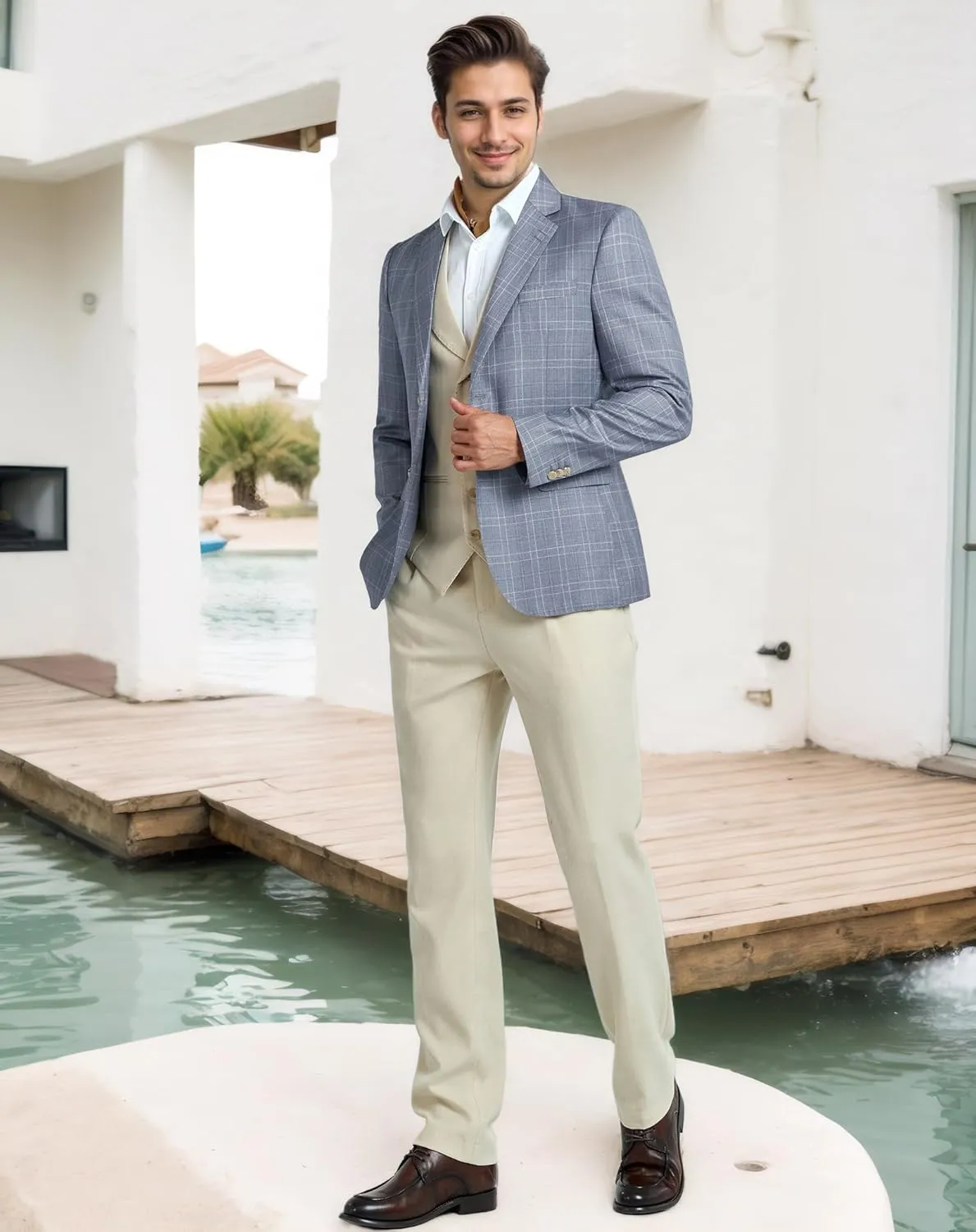 Mens Blazer Slim Fit Stripes Plaid Casual Suit Jacket for Men Two Buttons Business Lapel Sport Coats