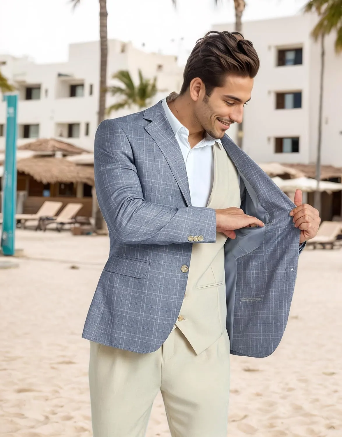 Mens Blazer Slim Fit Stripes Plaid Casual Suit Jacket for Men Two Buttons Business Lapel Sport Coats