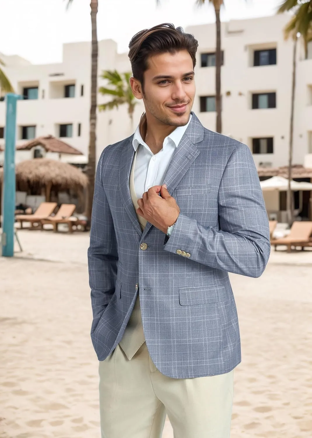 Mens Blazer Slim Fit Stripes Plaid Casual Suit Jacket for Men Two Buttons Business Lapel Sport Coats