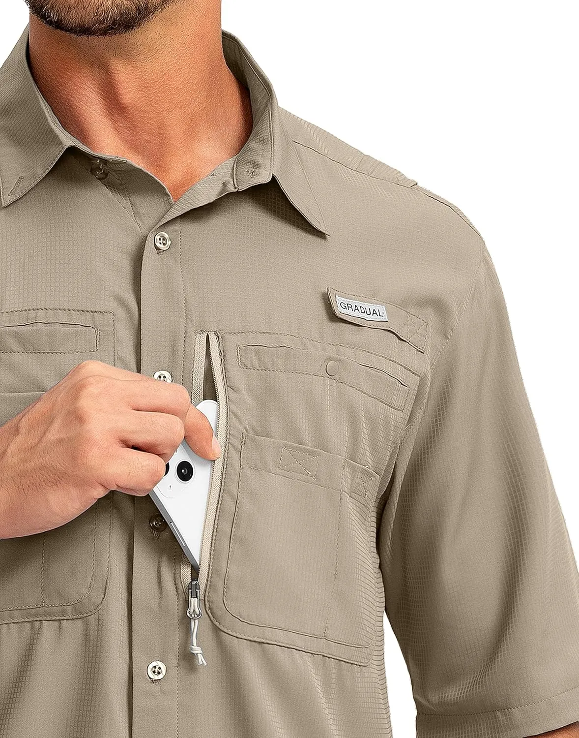 Men's Fishing Shirts with Zipper Pockets UPF 50  Lightweight Cool Short Sleeve Button Down Shirts for Men Casual Hiking