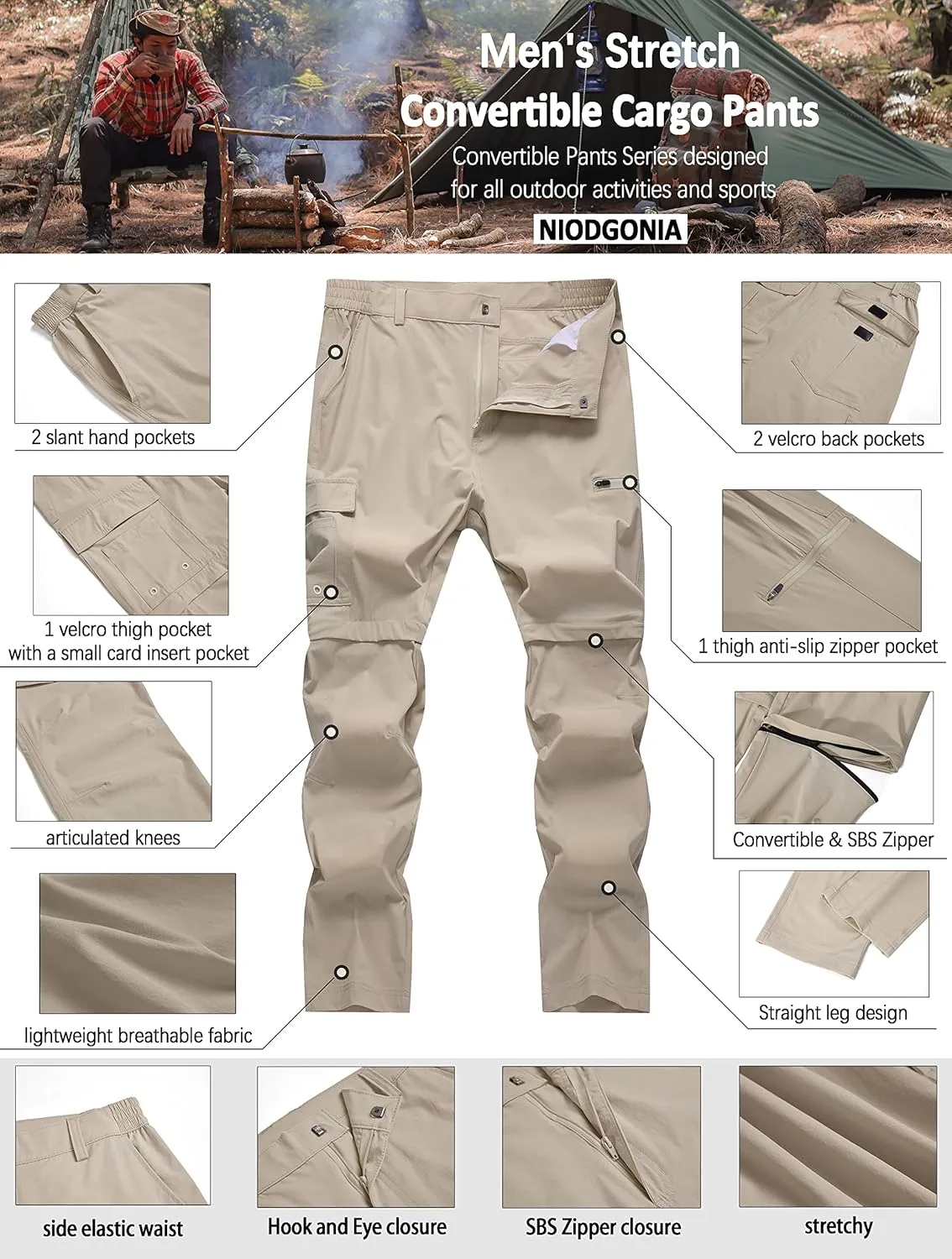 Mens Hiking Convertible Pants Waterproof Lightweight Quick Dry Zip Off Fishing Outdoor Cargo Work Trekking Trousers