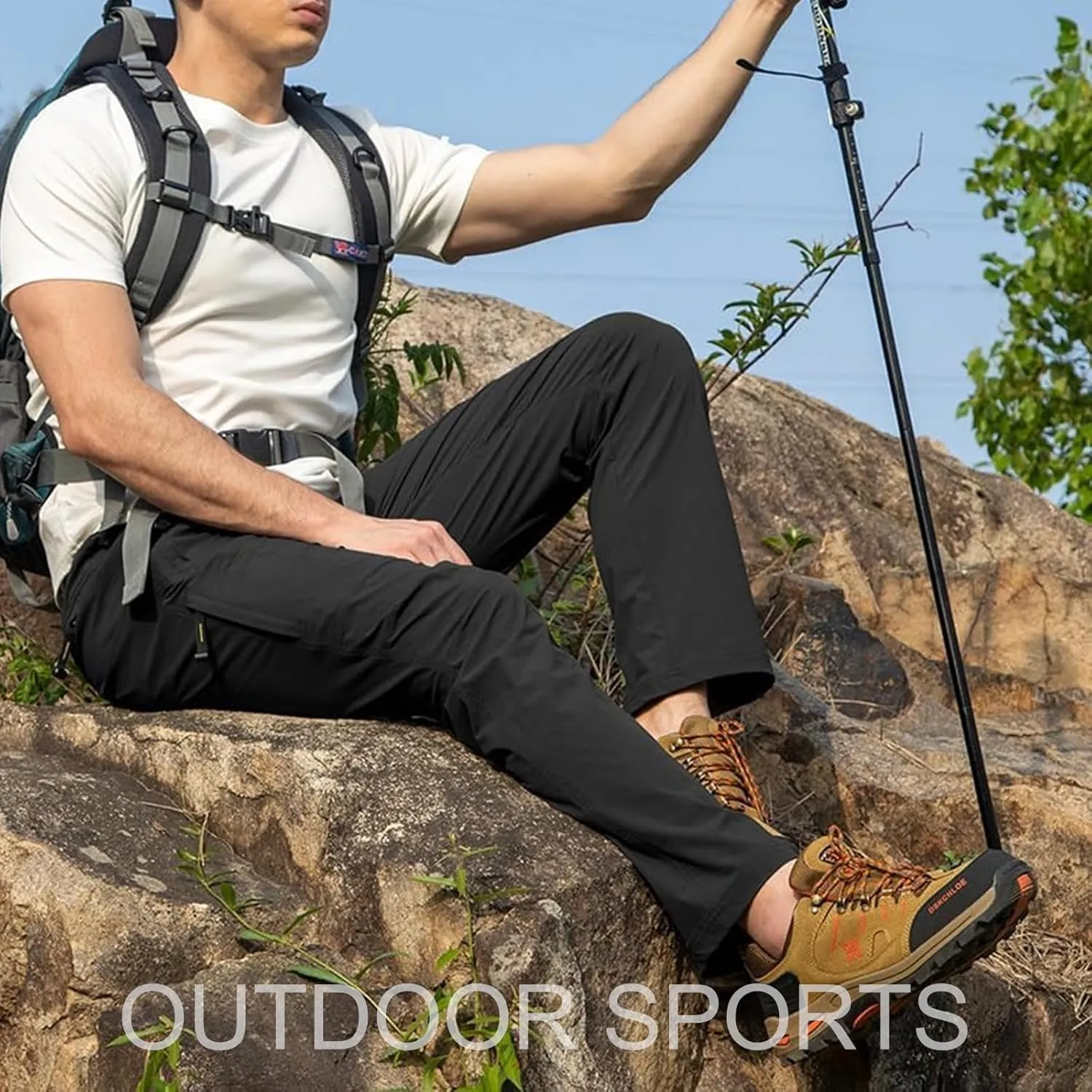 Men's Hiking Pants with Belt Outdoor Quick-Dry Lightweight Waterproof Mountain Pants with Zipper Pockets
