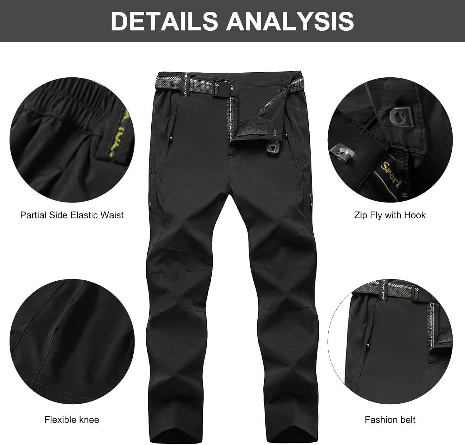 Men's Hiking Pants with Belt Outdoor Quick-Dry Lightweight Waterproof Mountain Pants with Zipper Pockets