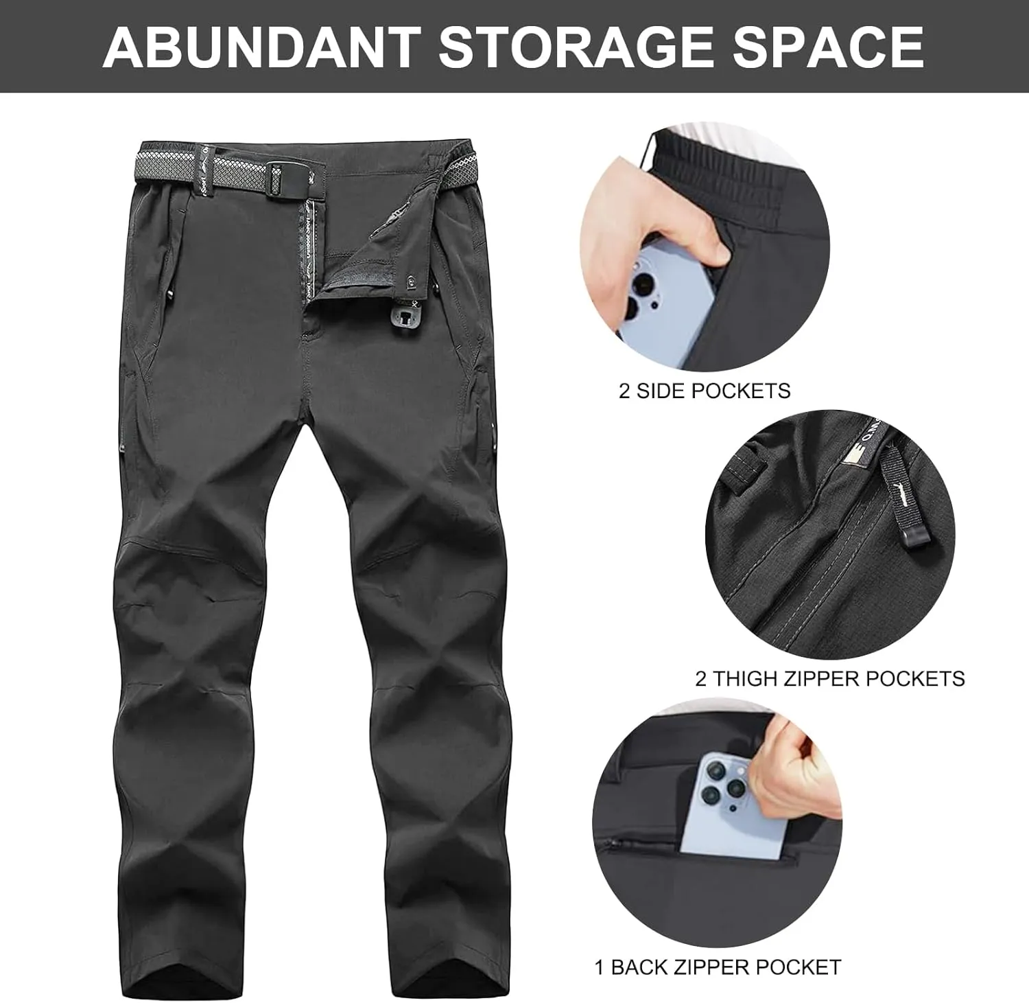 Men's Hiking Pants with Belt Outdoor Quick-Dry Lightweight Waterproof Mountain Pants with Zipper Pockets