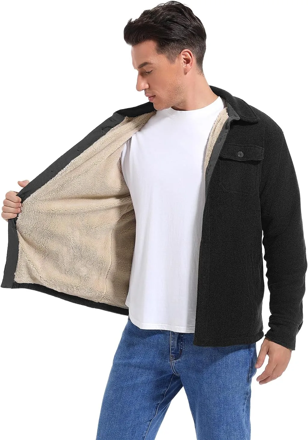 Men's Polar Fleece Warm Sherpa Lined Shirt Jacket for Men Thick Button Down Jacket with Multi Pockets