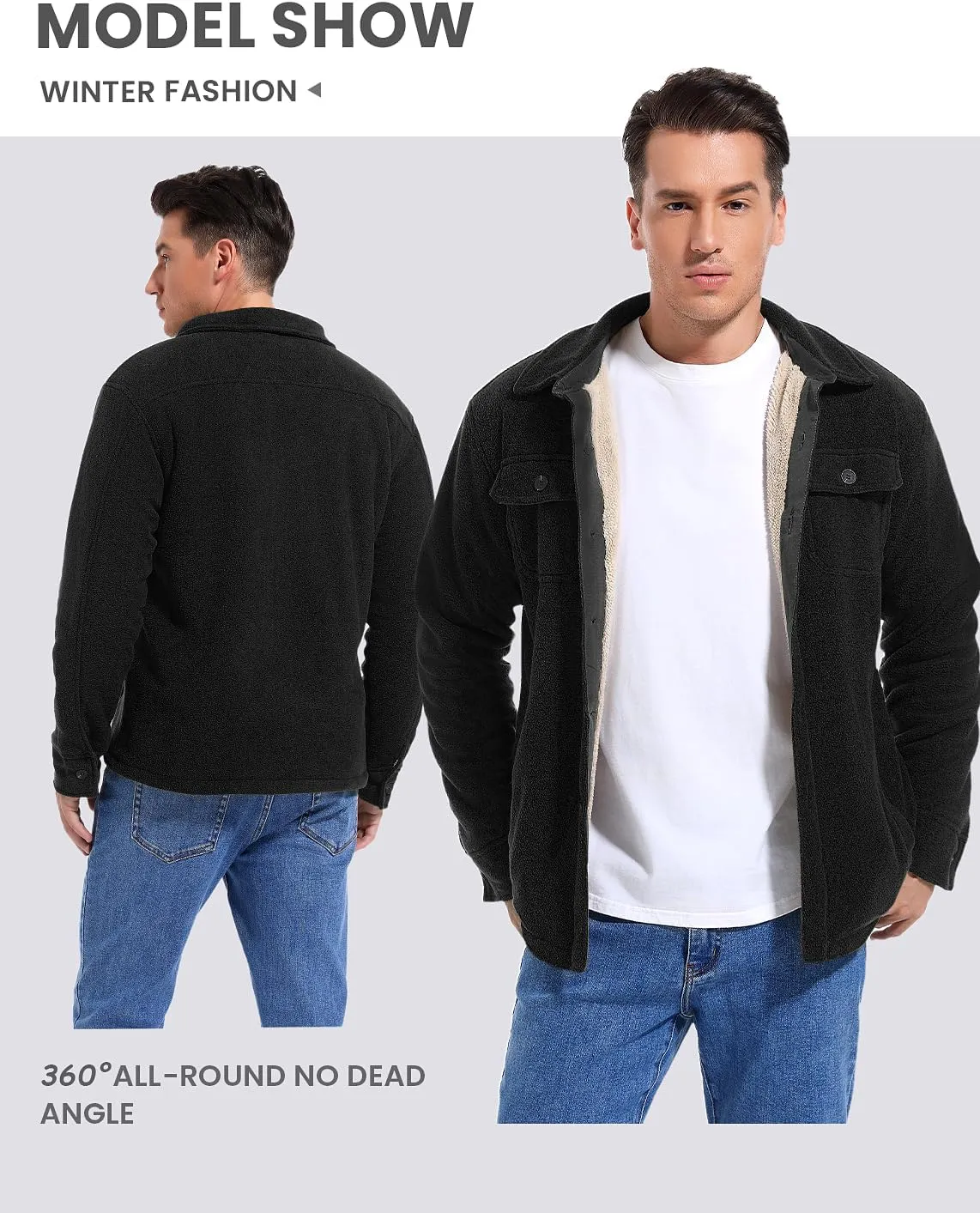 Men's Polar Fleece Warm Sherpa Lined Shirt Jacket for Men Thick Button Down Jacket with Multi Pockets