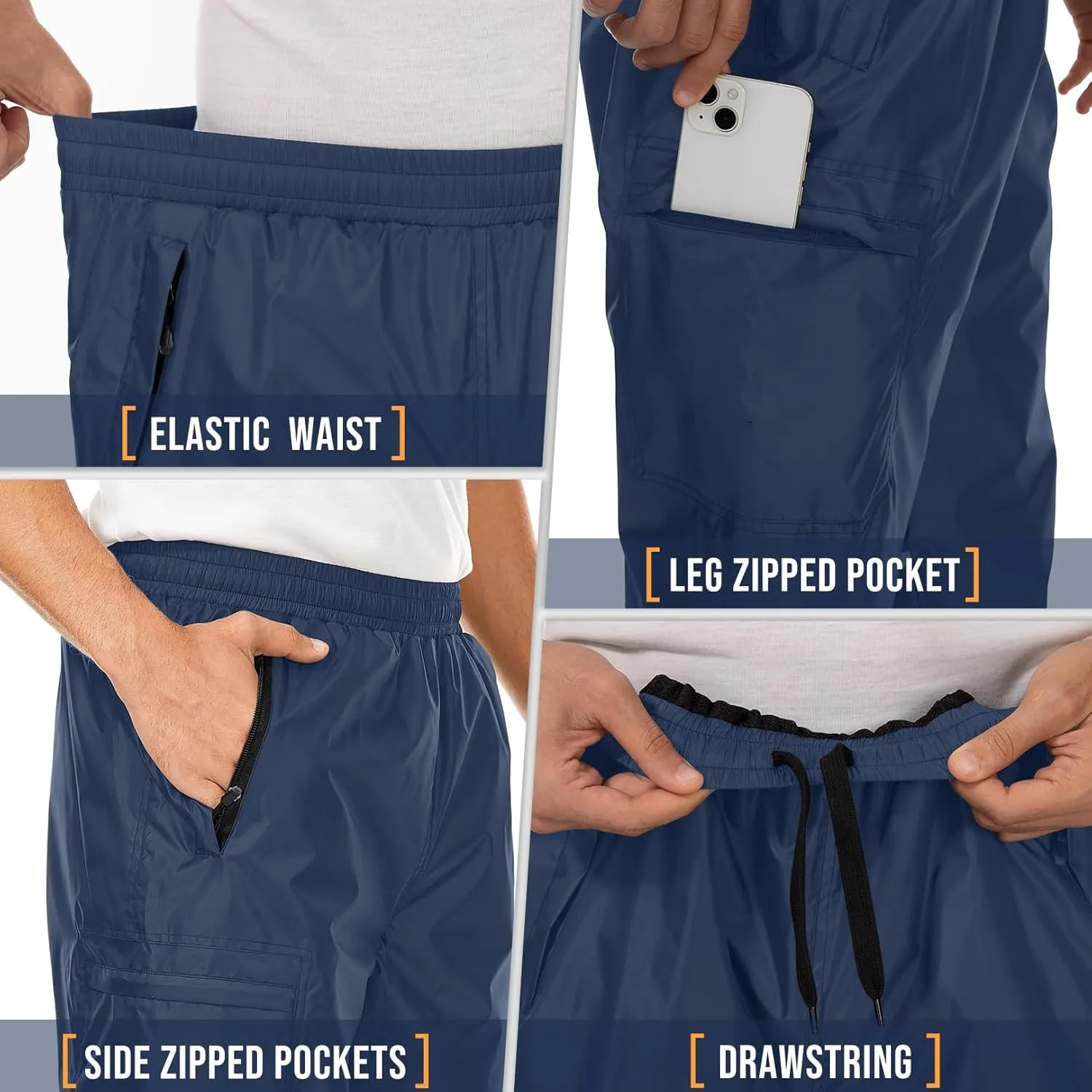 Men's Rain Pants Waterproof Over Pants Windproof Outdoor Hiking Pants for Golf, Fishing，Cycling