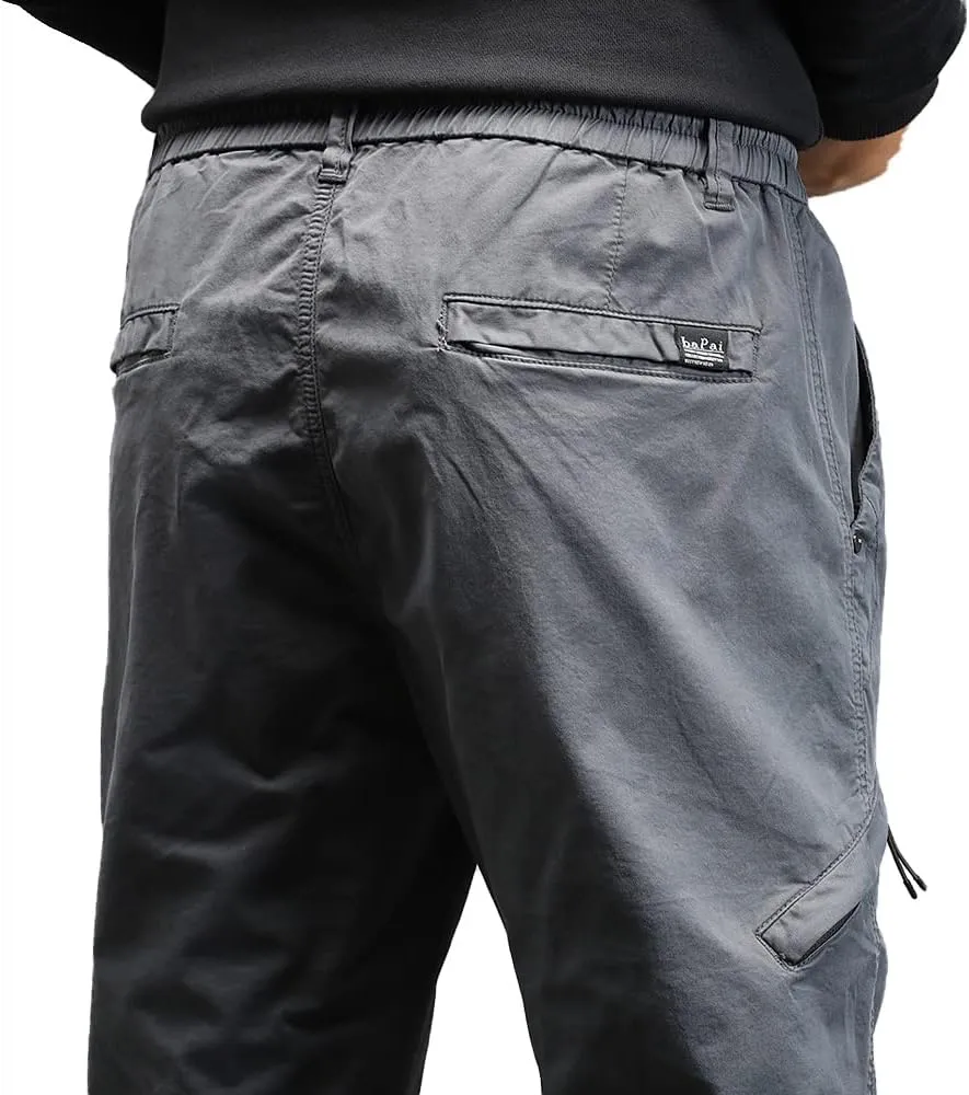 Men's Relaxed Fit Cargo Pants Outdoor Hiking Work Pants with Multi Pockets Drawstring Tactical Trousers
