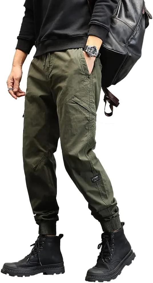 Men's Relaxed Fit Cargo Pants Outdoor Hiking Work Pants with Multi Pockets Drawstring Tactical Trousers