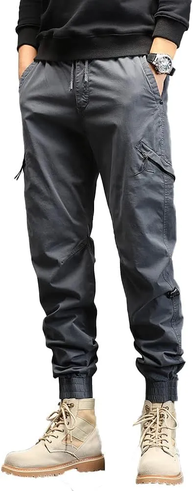 Men's Relaxed Fit Cargo Pants Outdoor Hiking Work Pants with Multi Pockets Drawstring Tactical Trousers