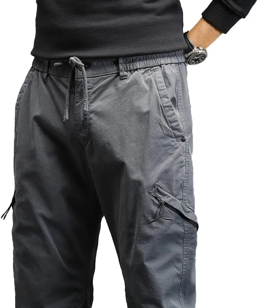 Men's Relaxed Fit Cargo Pants Outdoor Hiking Work Pants with Multi Pockets Drawstring Tactical Trousers