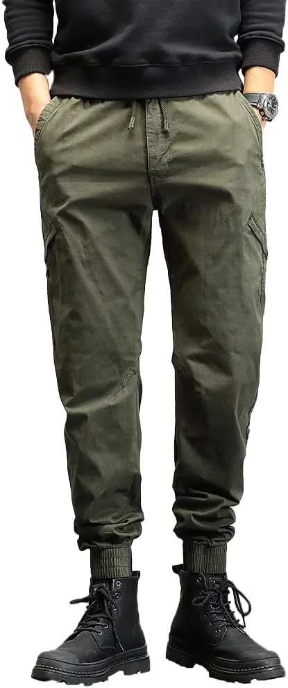 Men's Relaxed Fit Cargo Pants Outdoor Hiking Work Pants with Multi Pockets Drawstring Tactical Trousers