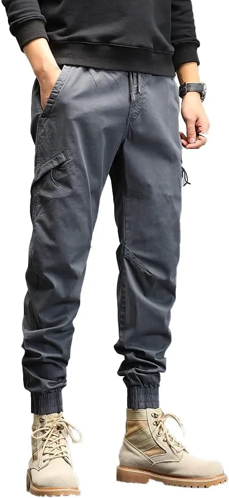 Men's Relaxed Fit Cargo Pants Outdoor Hiking Work Pants with Multi Pockets Drawstring Tactical Trousers