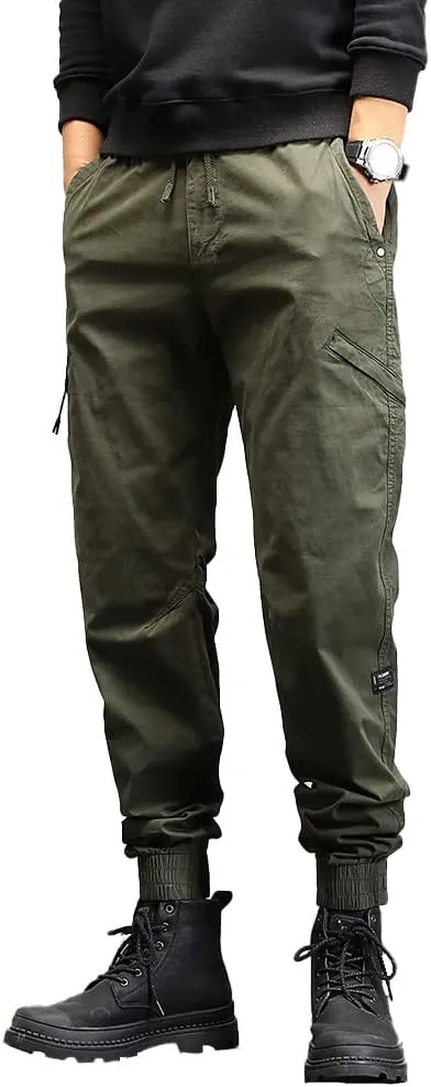 Men's Relaxed Fit Cargo Pants Outdoor Hiking Work Pants with Multi Pockets Drawstring Tactical Trousers